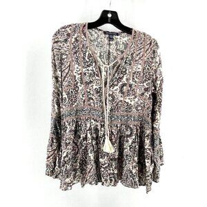 American Eagle Outfitters Women's Paisley Boho Tassel Top Shirt Size Small